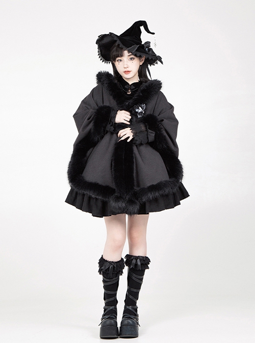 Black Feather Halloween Thicken Velvet Plush Medieval Gothic Lolita Versatile Pointed Hooded Cloak