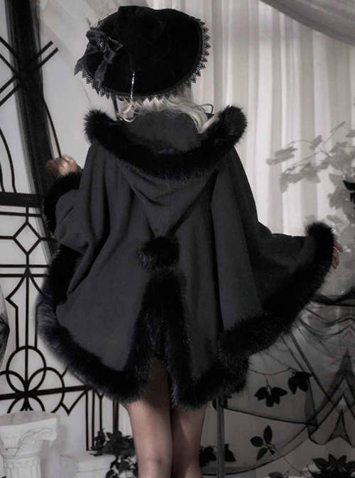 Black Feather Halloween Thicken Velvet Plush Medieval Gothic Lolita Versatile Pointed Hooded Cloak