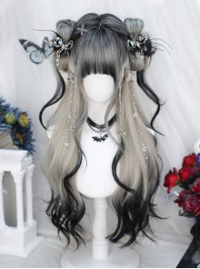 Misty Smoke Series Siamese Cat Black White Gradient Stylish Wavy Curly Hair Straight Bangs Sweet Lolita Wig