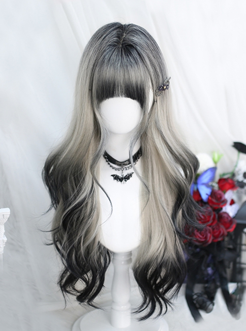 Misty Smoke Series Siamese Cat Black White Gradient Stylish Wavy Curly Hair Straight Bangs Sweet Lolita Wig