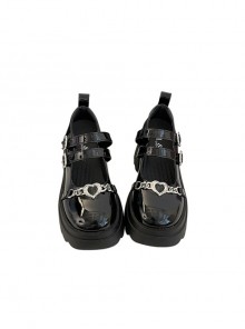 Black Sweet Cool Lolita Punk Elements Love Buttons Chunky Heel Platform Round Toe Patent Leather Glossy Mary Jane Shoes