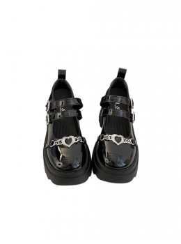 Black Sweet Cool Lolita Punk Elements Love Buttons Chunky Heel Platform Round Toe Patent Leather Glossy Mary Jane Shoes