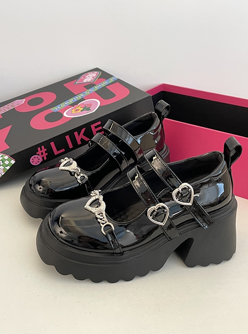 Black Sweet Cool Lolita Punk Elements Love Buttons Chunky Heel Platform Round Toe Patent Leather Glossy Mary Jane Shoes