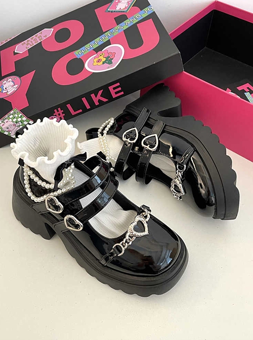 Black Sweet Cool Lolita Punk Elements Love Buttons Chunky Heel Platform Round Toe Patent Leather Glossy Mary Jane Shoes