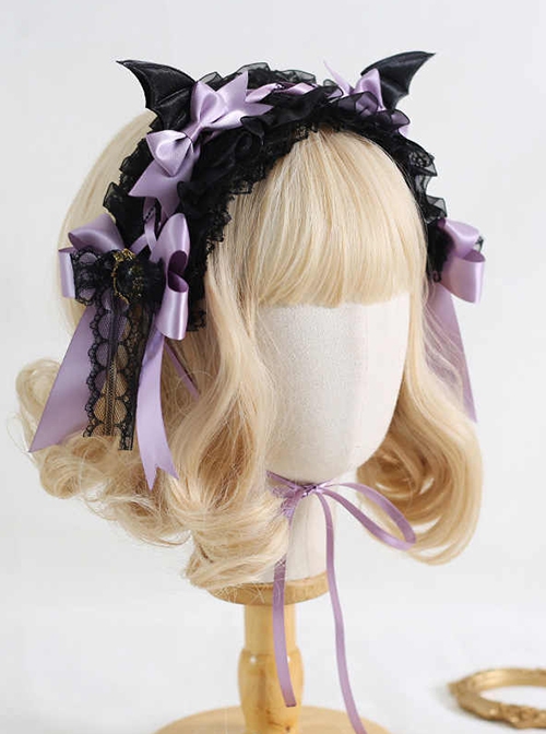 Dark Halloween Sweet Cool Cute Gothic Lolita Devil Wings Ribbon Bowknot Lace Headband