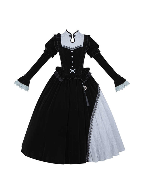 Halloween Chinese Style Witch Elegant Gothic Lolita Fall Winter Puff Ruffles Lace Sleeves Tassel Pendant Dress