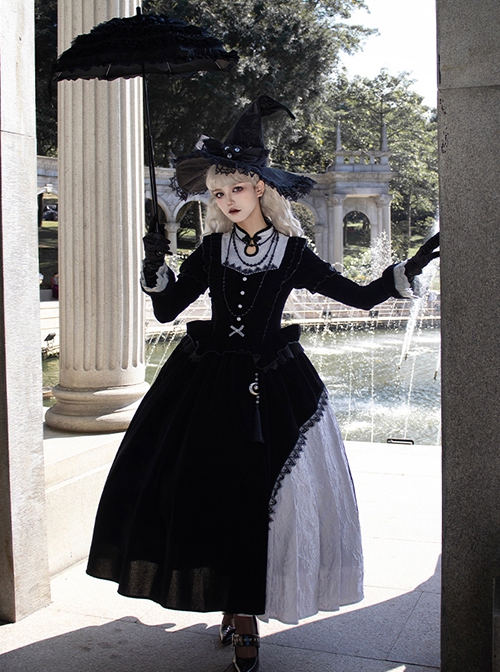 Halloween Chinese Style Witch Elegant Gothic Lolita Fall Winter Puff Ruffles Lace Sleeves Tassel Pendant Dress