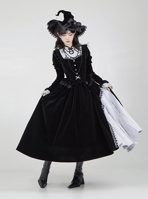 Halloween Chinese Style Witch Elegant Gothic Lolita Fall Winter Puff Ruffles Lace Sleeves Tassel Pendant Dress