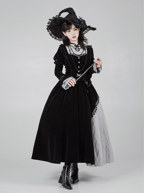 Halloween Chinese Style Witch Elegant Gothic Lolita Fall Winter Puff Ruffles Lace Sleeves Tassel Pendant Dress