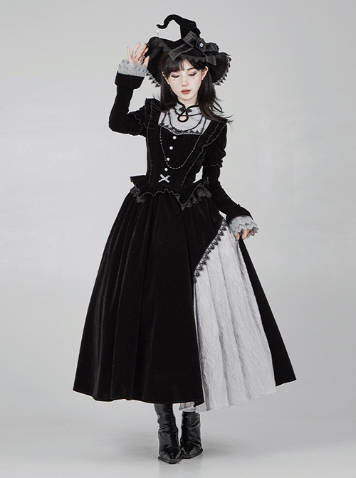 Halloween Chinese Style Witch Elegant Gothic Lolita Fall Winter Puff Ruffles Lace Sleeves Tassel Pendant Dress