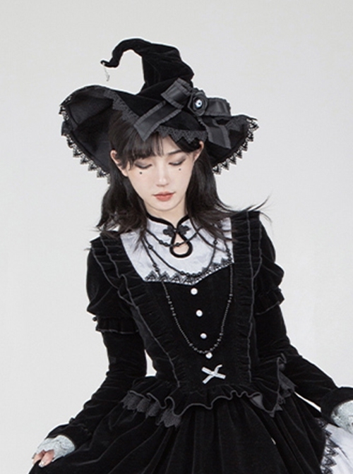 Halloween Elegant Gothic Lolita Spider Pendant Weird Eyeball Bowknot Lace Pointed Big Witch Hat