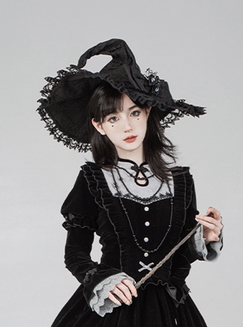 Halloween Elegant Gothic Lolita Spider Pendant Weird Eyeball Bowknot Lace Pointed Big Witch Hat