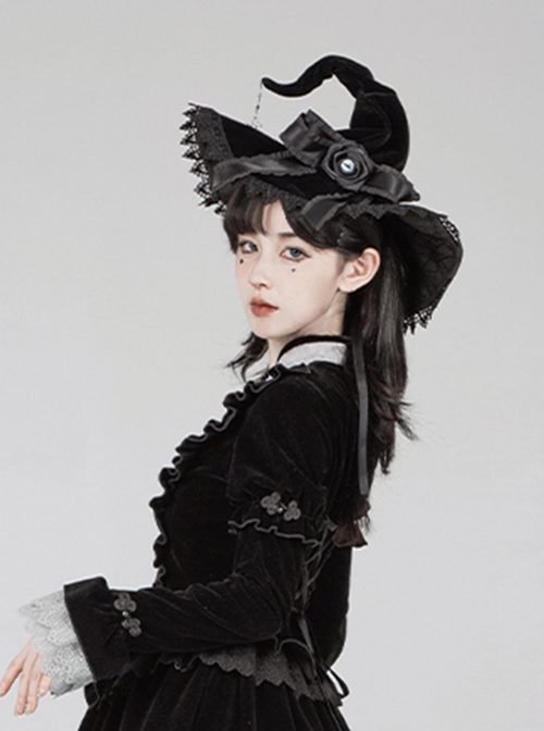 Halloween Elegant Gothic Lolita Spider Pendant Weird Eyeball Bowknot Lace Pointed Big Witch Hat