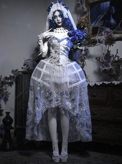 Zombie Bride Halloween White Wedding Gown Gothic Punk Corset Birdcage Crinoline Lace Pumpkin Pants Mesh Yarn Hem Set