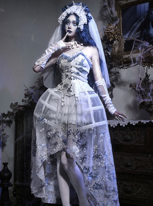 Zombie Bride Halloween White Wedding Gown Gothic Punk Corset Birdcage Crinoline Lace Pumpkin Pants Mesh Yarn Hem Set