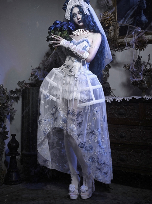 Zombie Bride Halloween White Wedding Gown Gothic Punk Corset Birdcage Crinoline Lace Pumpkin Pants Mesh Yarn Hem Set