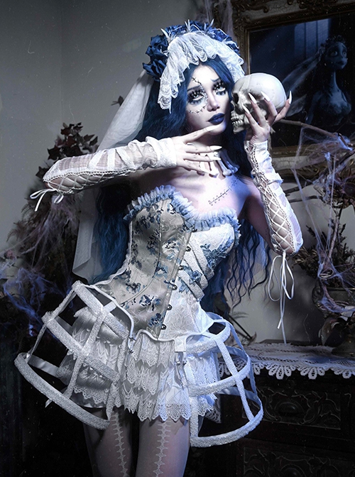 Zombie Bride Halloween White Wedding Gown Gothic Punk Corset Birdcage Crinoline Lace Pumpkin Pants Mesh Yarn Hem Set