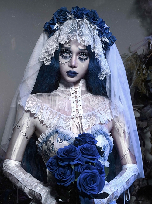 Zombie Bride Series Halloween White Gothic Punk Wedding Beautiful Chiffon Lace Headdress Blue Rose Veil Headband