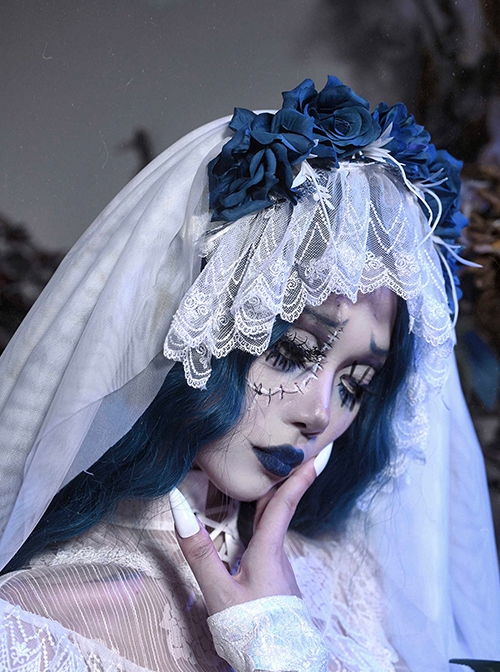 Zombie Bride Series Halloween White Gothic Punk Wedding Beautiful Chiffon Lace Headdress Blue Rose Veil Headband