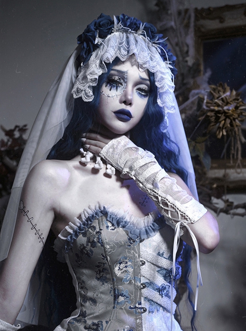 Zombie Bride Series Halloween White Gothic Punk Wedding Beautiful Chiffon Lace Headdress Blue Rose Veil Headband