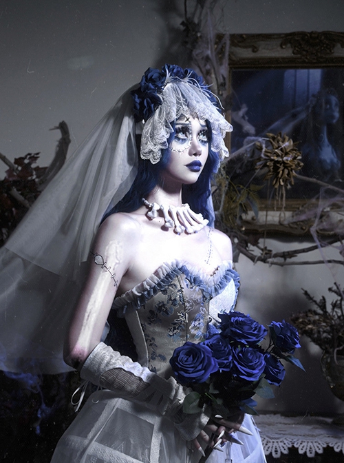 Zombie Bride Series Halloween White Gothic Punk Wedding Beautiful Chiffon Lace Headdress Blue Rose Veil Headband