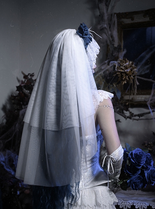 Zombie Bride Series Halloween White Gothic Punk Wedding Beautiful Chiffon Lace Headdress Blue Rose Veil Headband