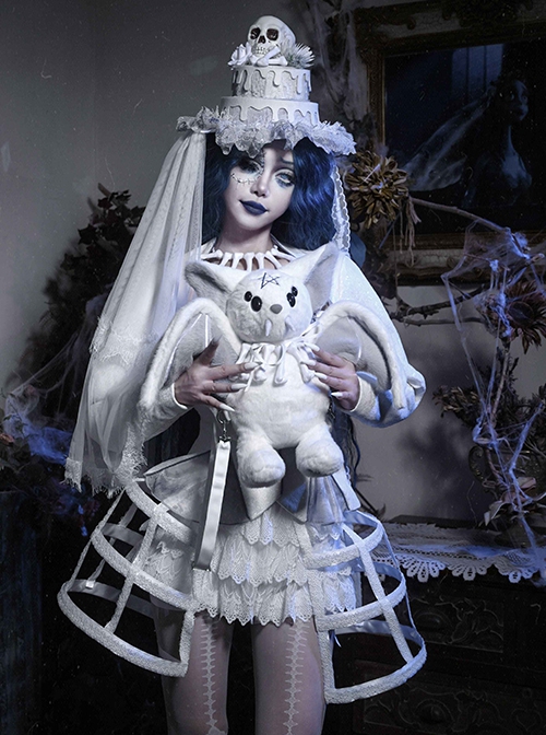 Zombie Bride Series Halloween Gothic Punk White Gray Big Wings Four Eyes Bat Imitation Mink Velvet Doll Bag