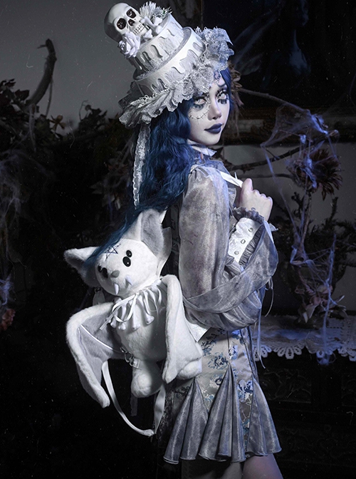 Zombie Bride Series Halloween Gothic Punk White Gray Big Wings Four Eyes Bat Imitation Mink Velvet Doll Bag