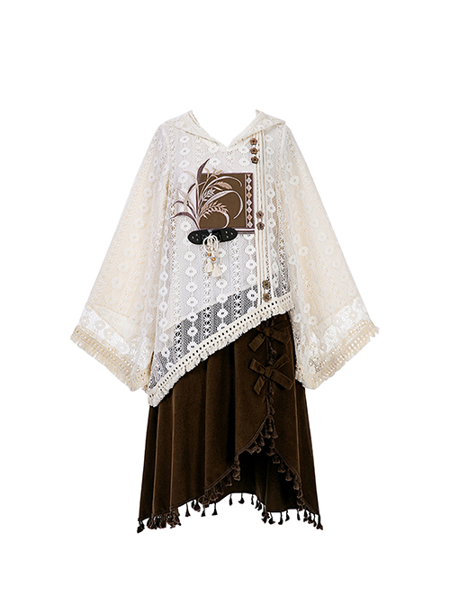 Casual Stylish Han Elements Chinese Style Cute Elegant Beige Kawaii Fashion Loose Hooded Lace Shirt Skirt Set