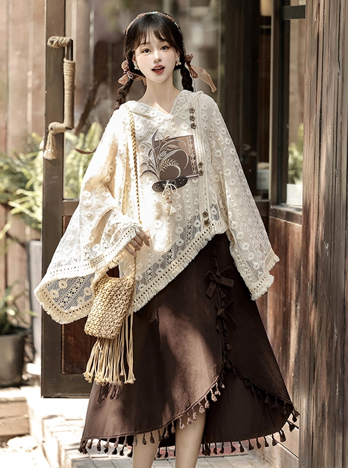 Casual Stylish Han Elements Chinese Style Cute Elegant Beige Kawaii Fashion Loose Hooded Lace Shirt Skirt Set