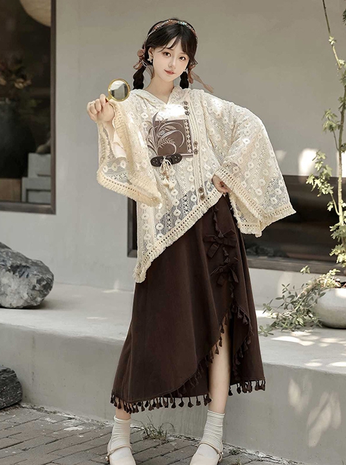 Casual Stylish Han Elements Chinese Style Cute Elegant Beige Kawaii Fashion Loose Hooded Lace Shirt Skirt Set