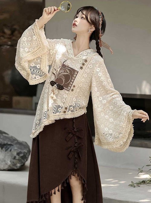 Casual Stylish Han Elements Chinese Style Cute Elegant Beige Kawaii Fashion Loose Hooded Lace Shirt Skirt Set