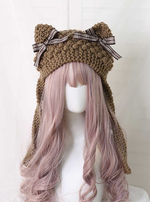 Japanese Style Fall Winter Sweet Cute Cat Ears Plaid Bowknot Kawaii Fashion Earmuff Knitted Wool Hat