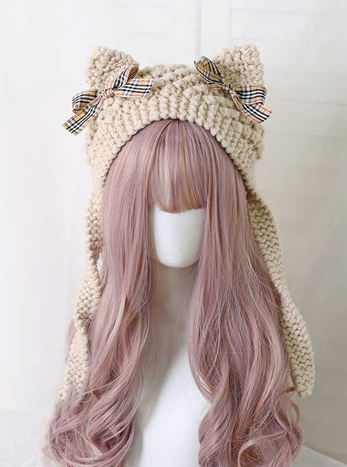 Japanese Style Fall Winter Sweet Cute Cat Ears Plaid Bowknot Kawaii Fashion Earmuff Knitted Wool Hat