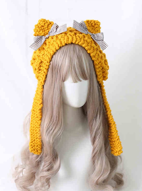 Japanese Style Fall Winter Sweet Cute Cat Ears Plaid Bowknot Kawaii Fashion Earmuff Knitted Wool Hat