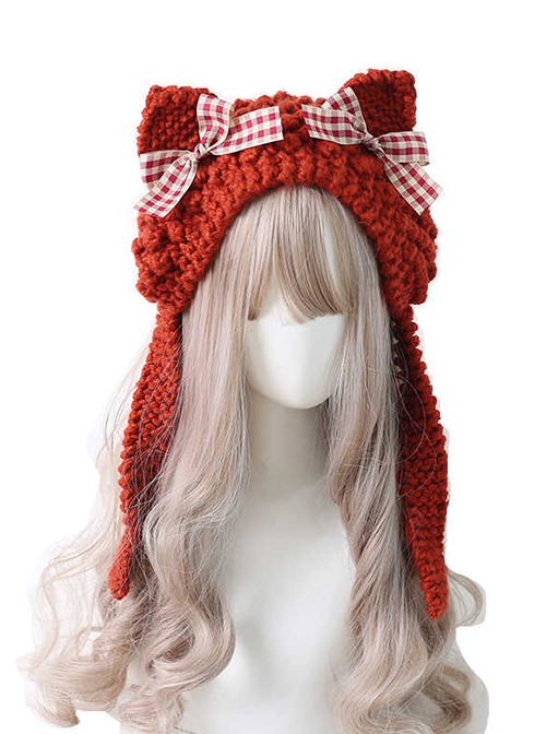 Japanese Style Fall Winter Sweet Cute Cat Ears Plaid Bowknot Kawaii Fashion Earmuff Knitted Wool Hat