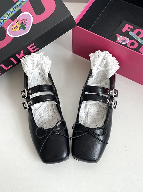 French Style Retro Versatile Classic Lolita PU Square Head Straps Mary Jane Flat Shoes