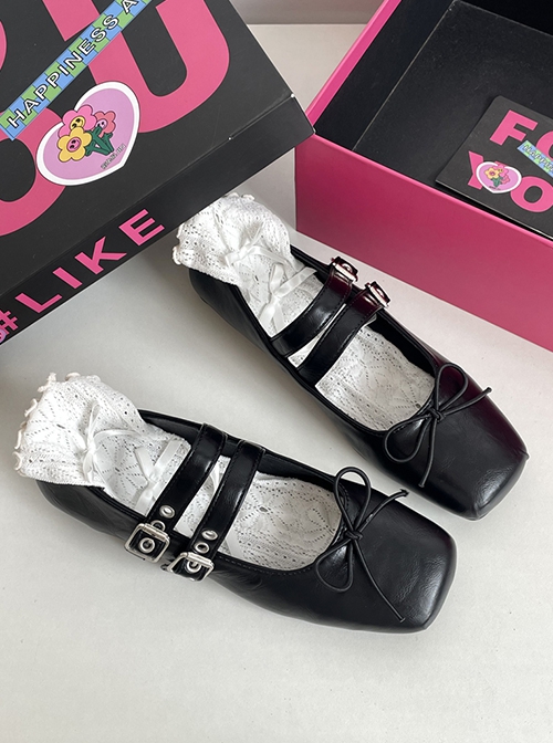 French Style Retro Versatile Classic Lolita PU Square Head Straps Mary Jane Flat Shoes