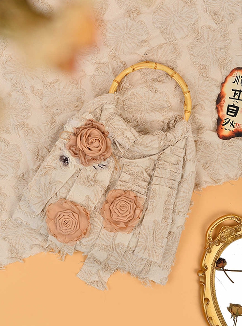 Sunset Rose Series Chinoiserie Beige Burning Flower Craft Retro Classic Lolita Bamboo Handle Elegant Hanfu Bag