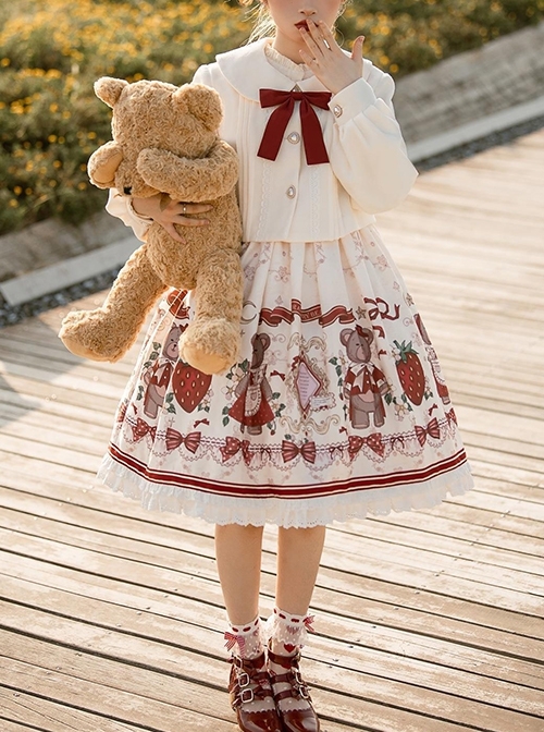 Winter Christmas New Year Cute Red Strawberry Bear Print Sweet Lolita White Doll Collar Coat Sleeveless Dress Set