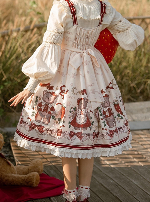 Winter Christmas New Year Cute Red Strawberry Bear Print Sweet Lolita White Doll Collar Coat Sleeveless Dress Set