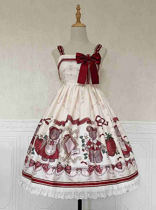 Winter Christmas New Year Cute Red Strawberry Bear Print Sweet Lolita White Doll Collar Coat Sleeveless Dress Set