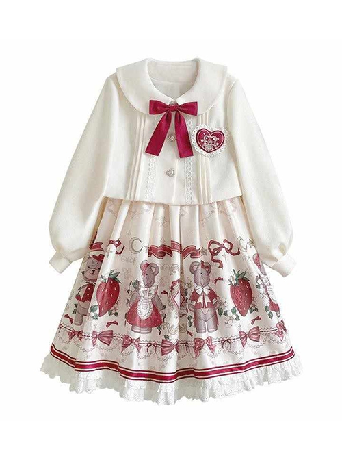 Winter Christmas New Year Cute Red Strawberry Bear Print Sweet Lolita White Doll Collar Coat Sleeveless Dress Set