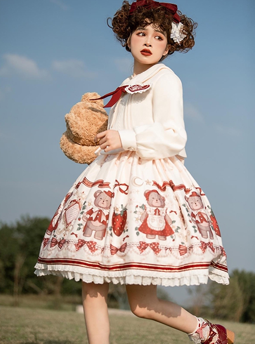 Winter Christmas New Year Cute Red Strawberry Bear Print Sweet Lolita White Doll Collar Coat Sleeveless Dress Set