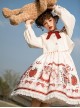 Winter Christmas New Year Cute Red Strawberry Bear Print Sweet Lolita White Doll Collar Coat Sleeveless Dress Set