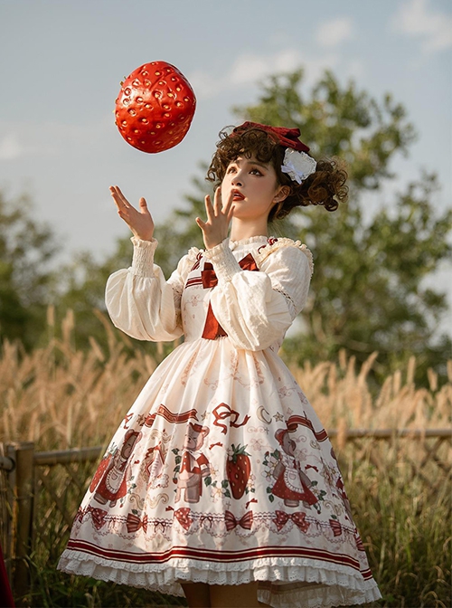 Winter Christmas New Year Cute Red Strawberry Bear Print Sweet Lolita White Doll Collar Coat Sleeveless Dress Set