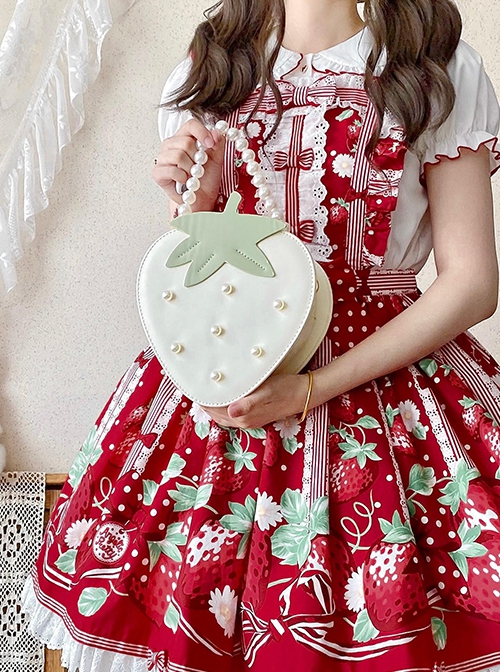 Fairy Tale Style Pearl Chain Grass Pastoral Style Sweet Lolita Cute Soft White Strawberry Shape Kawaii Bag