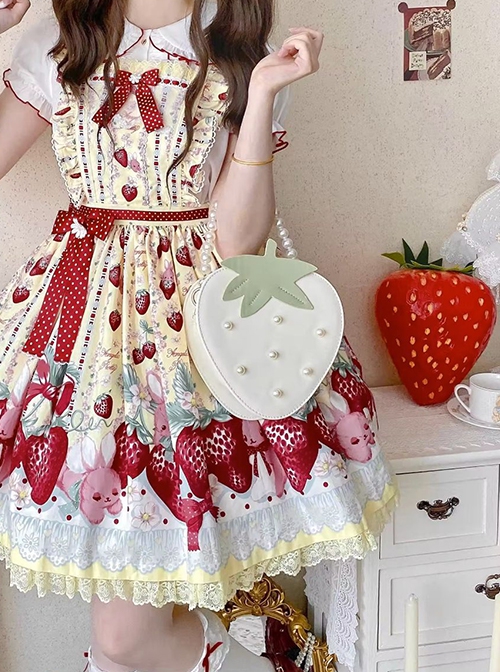 Fairy Tale Style Pearl Chain Grass Pastoral Style Sweet Lolita Cute Soft White Strawberry Shape Kawaii Bag