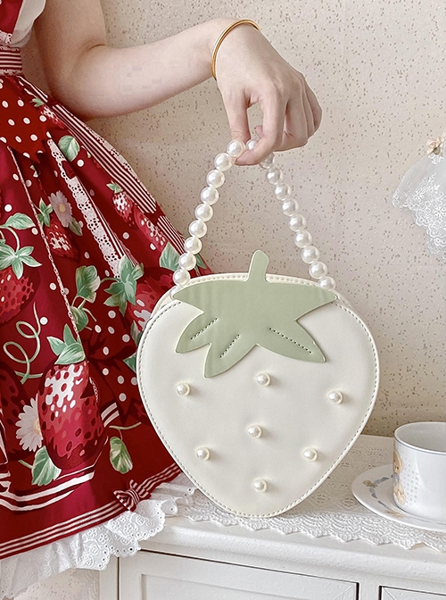 Fairy Tale Style Pearl Chain Grass Pastoral Style Sweet Lolita Cute Soft White Strawberry Shape Kawaii Bag