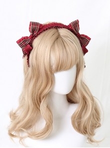 Daily Versatile Christmas Soft Girl Sweet Lolita Cute Red Plaid Bowknot Lace Headband